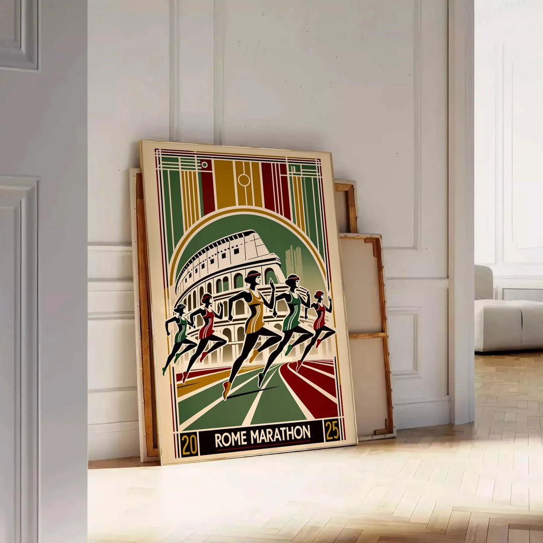 Poster Rome Marathon mit stilisierten Läufern, minimalistische Grafik in Braun und Grün