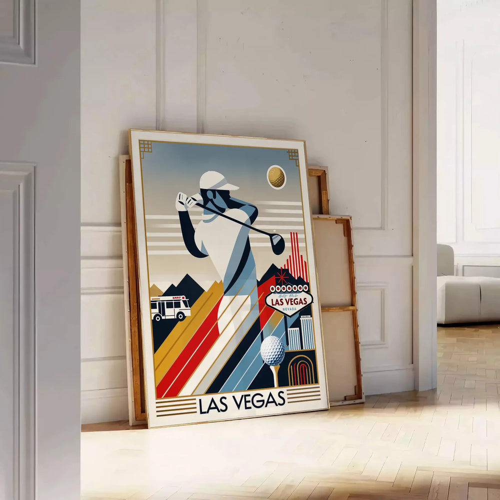 Vintage Art Deco poster depicting a golf scene in Las Vegas with black and orange tones