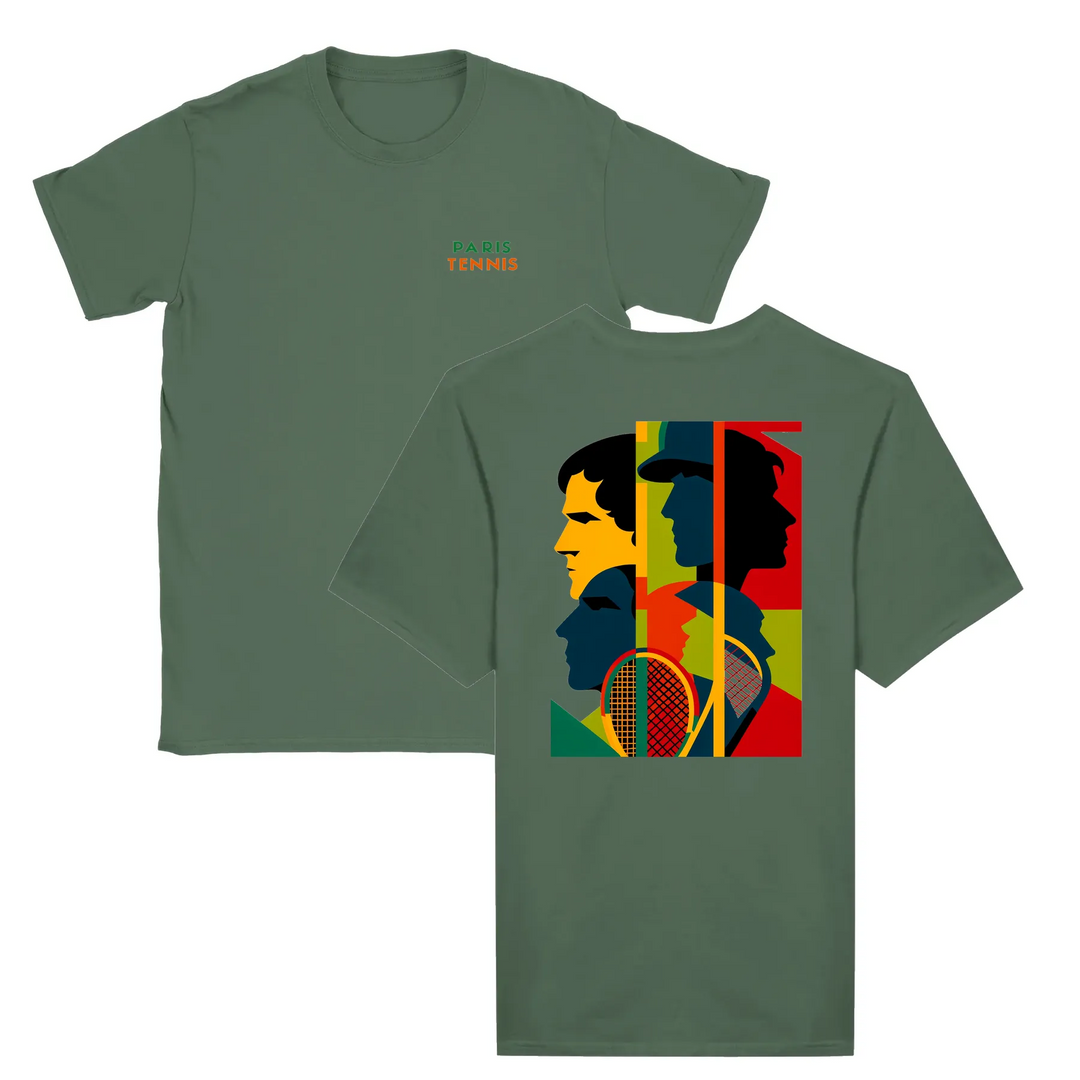 T-shirt featuring a graphic of a tennis tournament scene