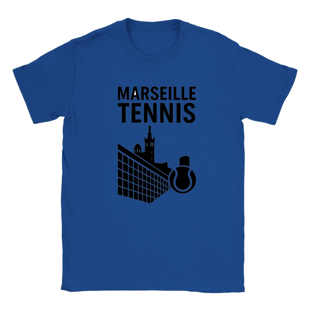 T-shirt featuring a graphic of tennis players in action with Marseille text