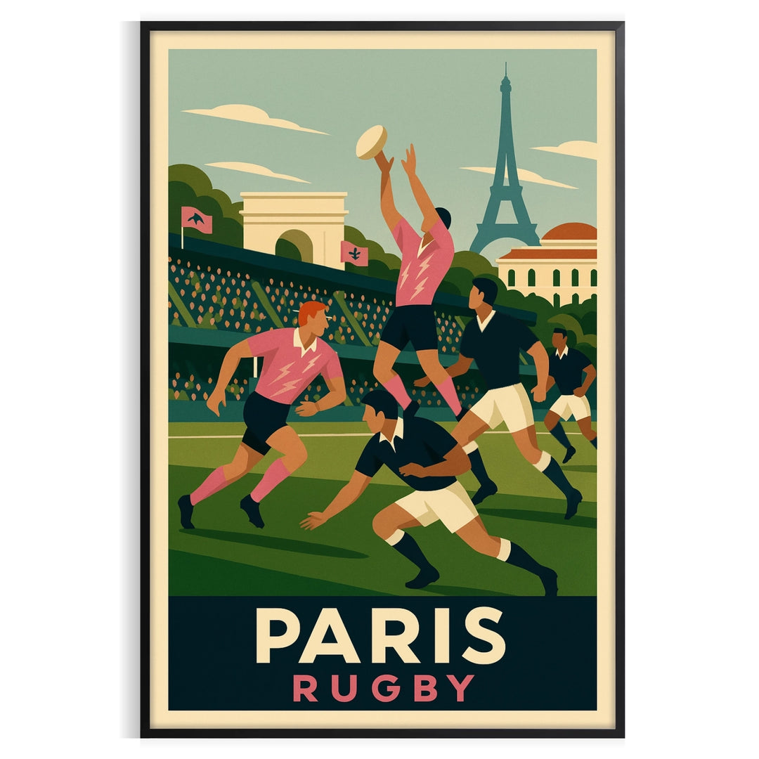 Vintage Art Deco poster of rugby scene in Paris, decorative print