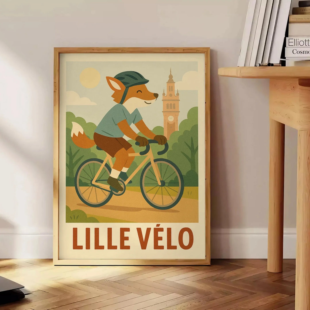 Playful orange fox riding a bicycle against a green background