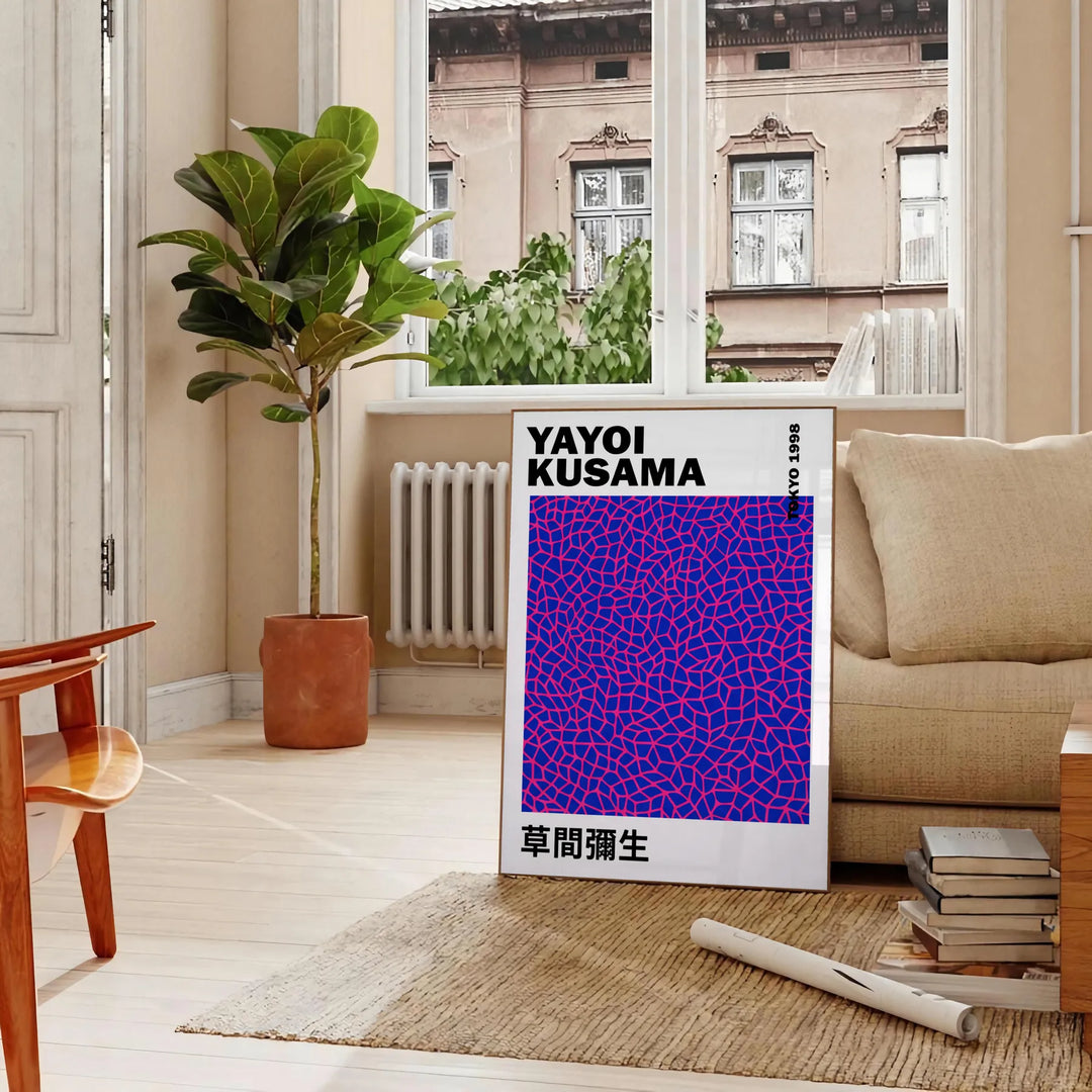 Pink and black pumpkin design by Yayoi Kusama in pop-art style