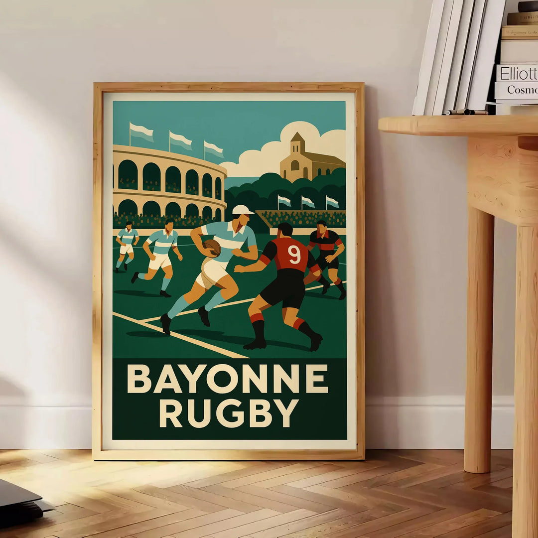 Bayonne rugby team action illustration in vintage Art Deco poster