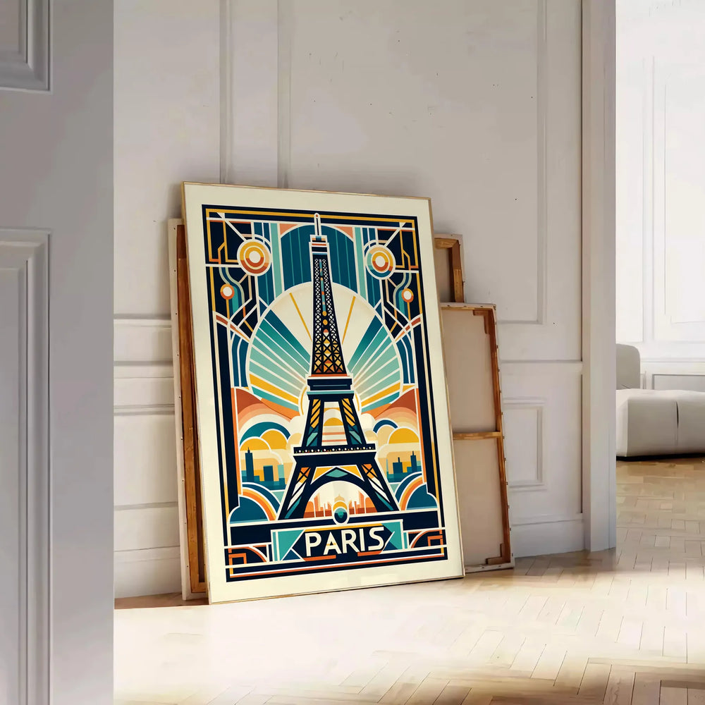 Yellow and black Art Deco Paris poster featuring stylized city silhouette