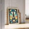 Yellow and black Art Deco Paris poster featuring stylized city silhouette