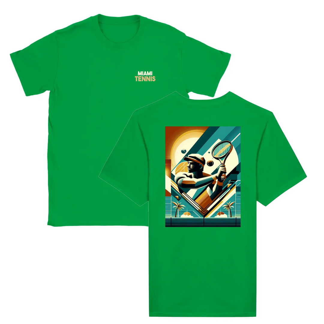 T-shirt featuring a graphic of a tennis player in action against a Miami skyline