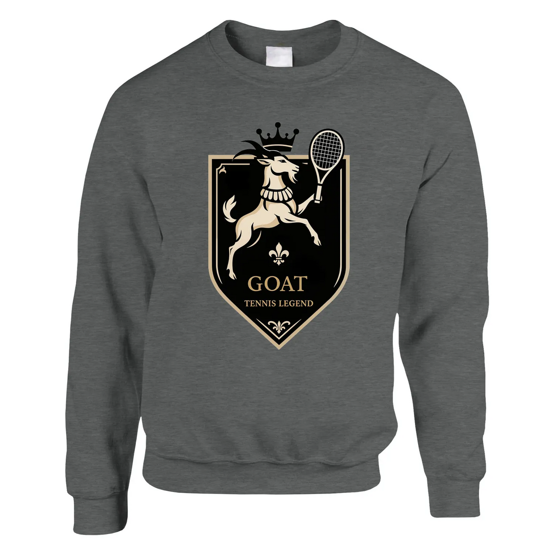 Unisex sweater with a graphic print of a tennis player and the text 'Legend Goat'
