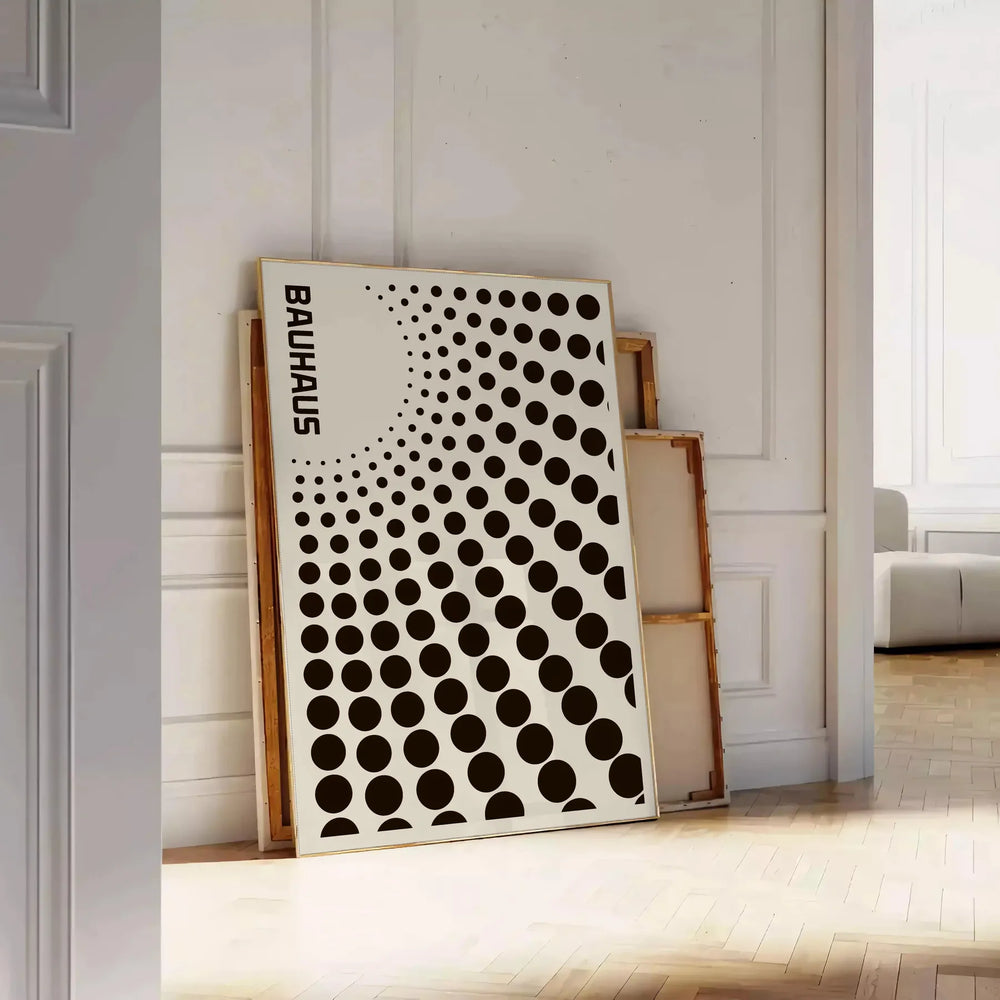 Bauhaus black circle abstract poster with gray and orange accents
