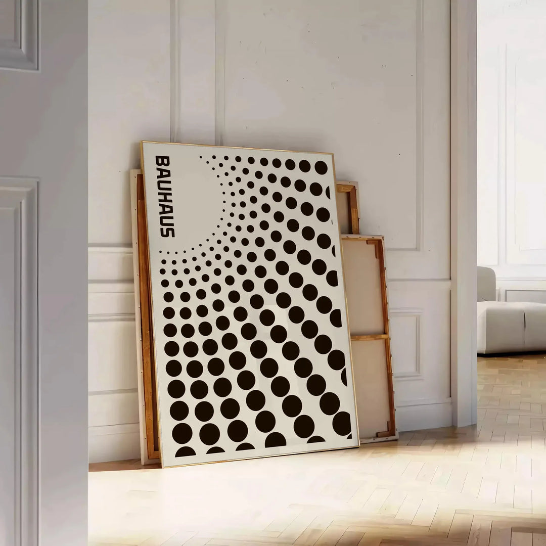 Bauhaus black circle abstract poster with gray and orange accents