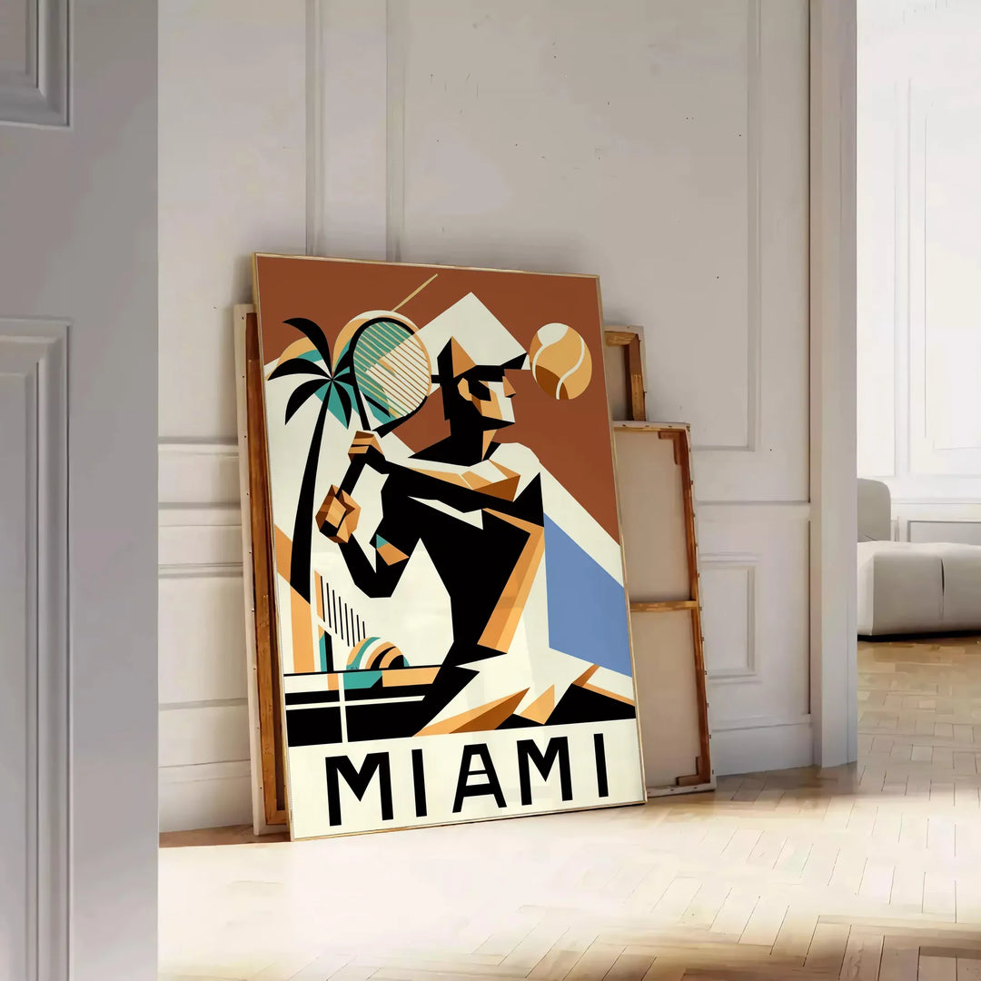 Green and white Miami tennis poster, minimalist retro-style courtside illustration