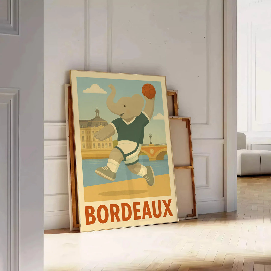 Playful kids handball elephant illustration poster in bordeaux, gray and green