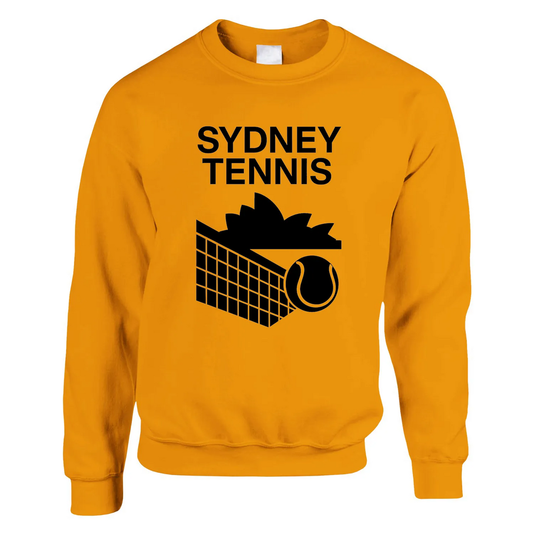 Unisex sweater featuring a graphic print of tennis elements and Sydney landmarks