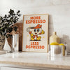 Kitchen poster featuring 'More Espresso Less Depresso' typography with a stylized eye in green-gray tones