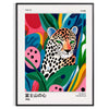 Blue and white poster featuring leopard motifs in Yayoi Kusama style