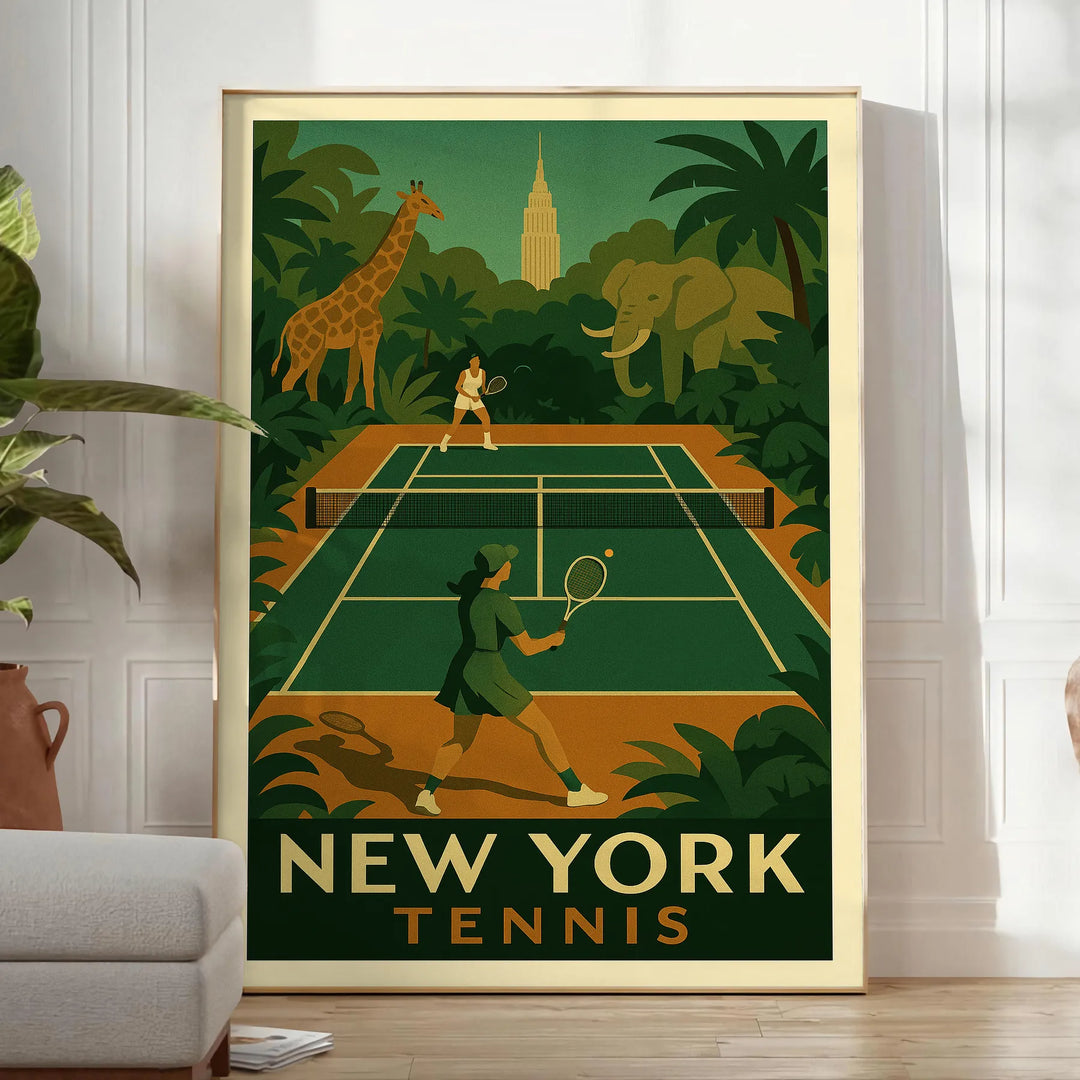 Representación estilizada de una jungla en Nueva York con una raqueta de tenis, tonos tierra