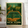 Representación estilizada de una jungla en Nueva York con una raqueta de tenis, tonos tierra