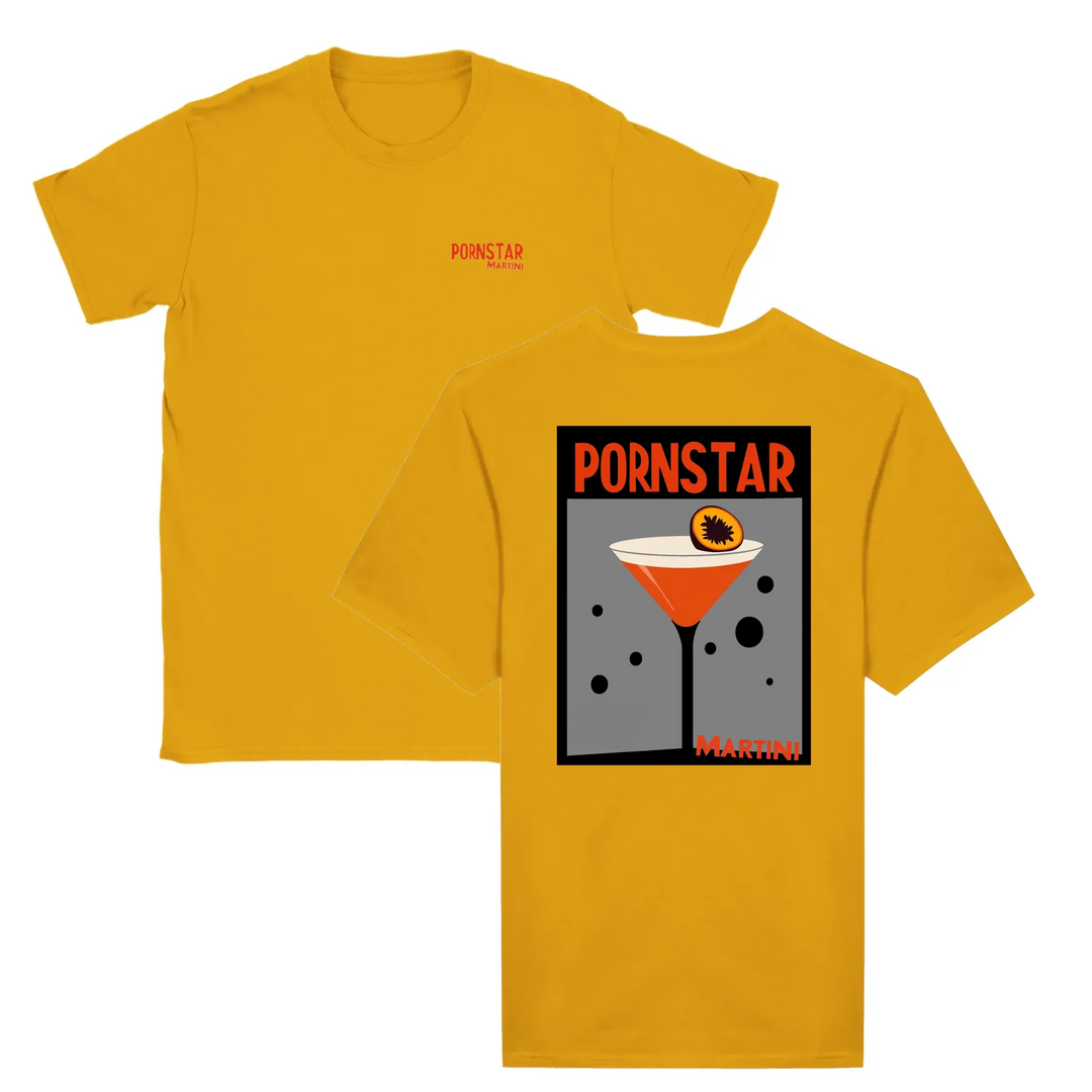 T-shirt featuring a graphic of a Pornstar Martini cocktail