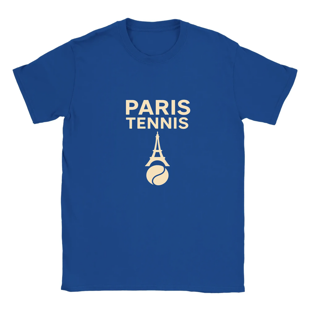 T-shirt featuring a minimalist design of the Eiffel Tower and a tennis racket