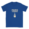 T-shirt featuring a minimalist design of the Eiffel Tower and a tennis racket