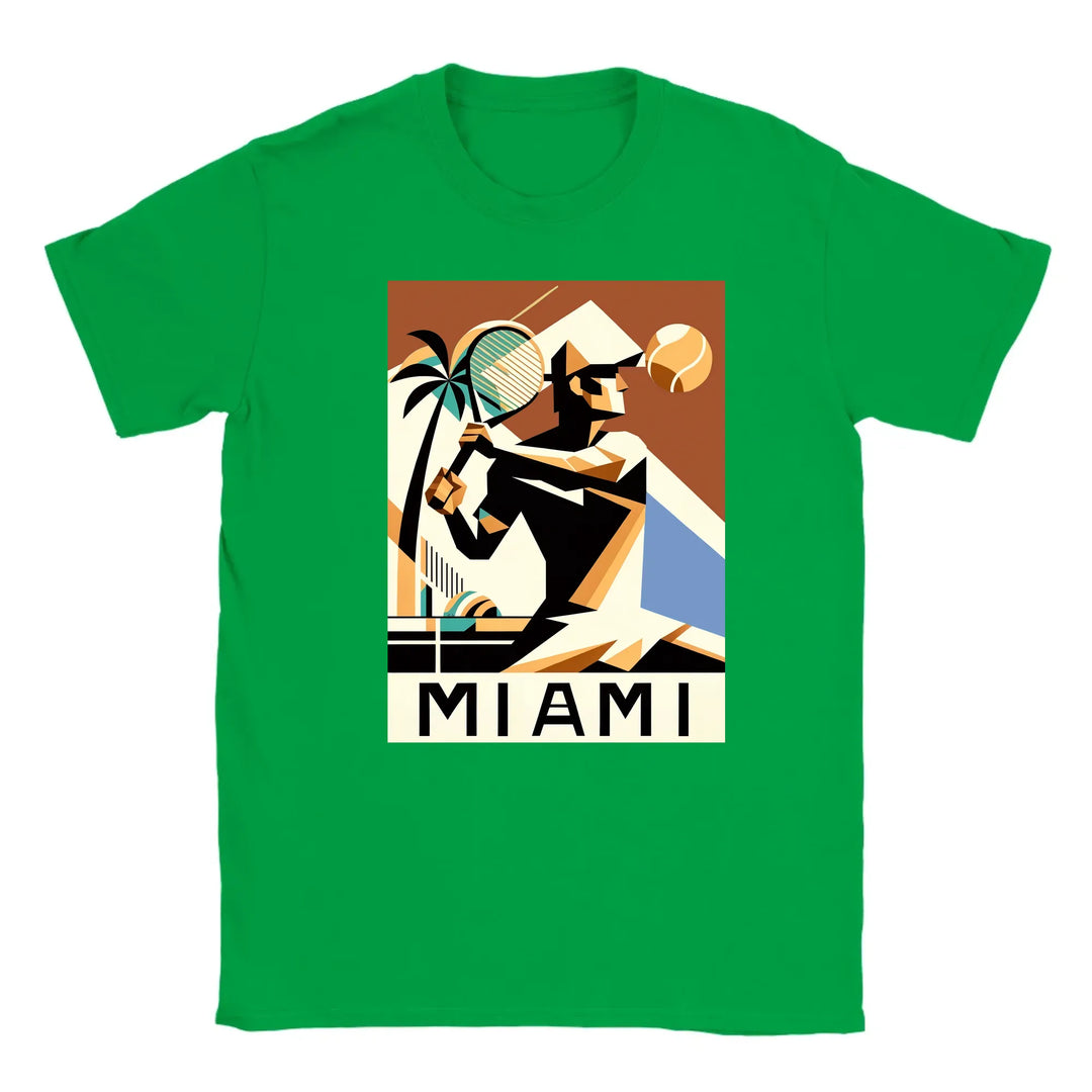T-shirt featuring a graphic of a Miami tennis court with retro typography