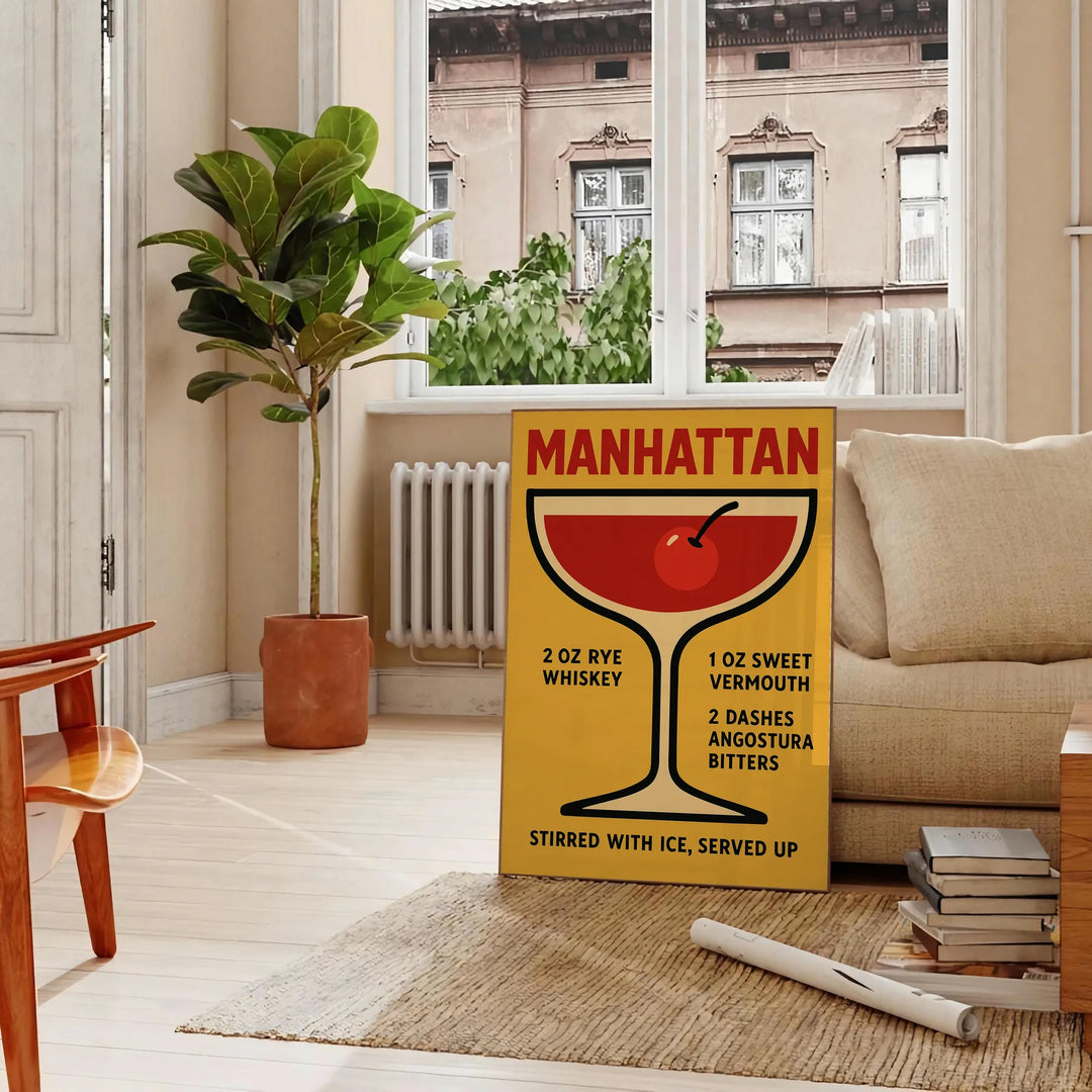 Poster showing minimalist Manhattan cocktail illustration in red and black colors