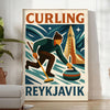 Affiche graphique de curling à Reykjavik en orange et vert minimaliste