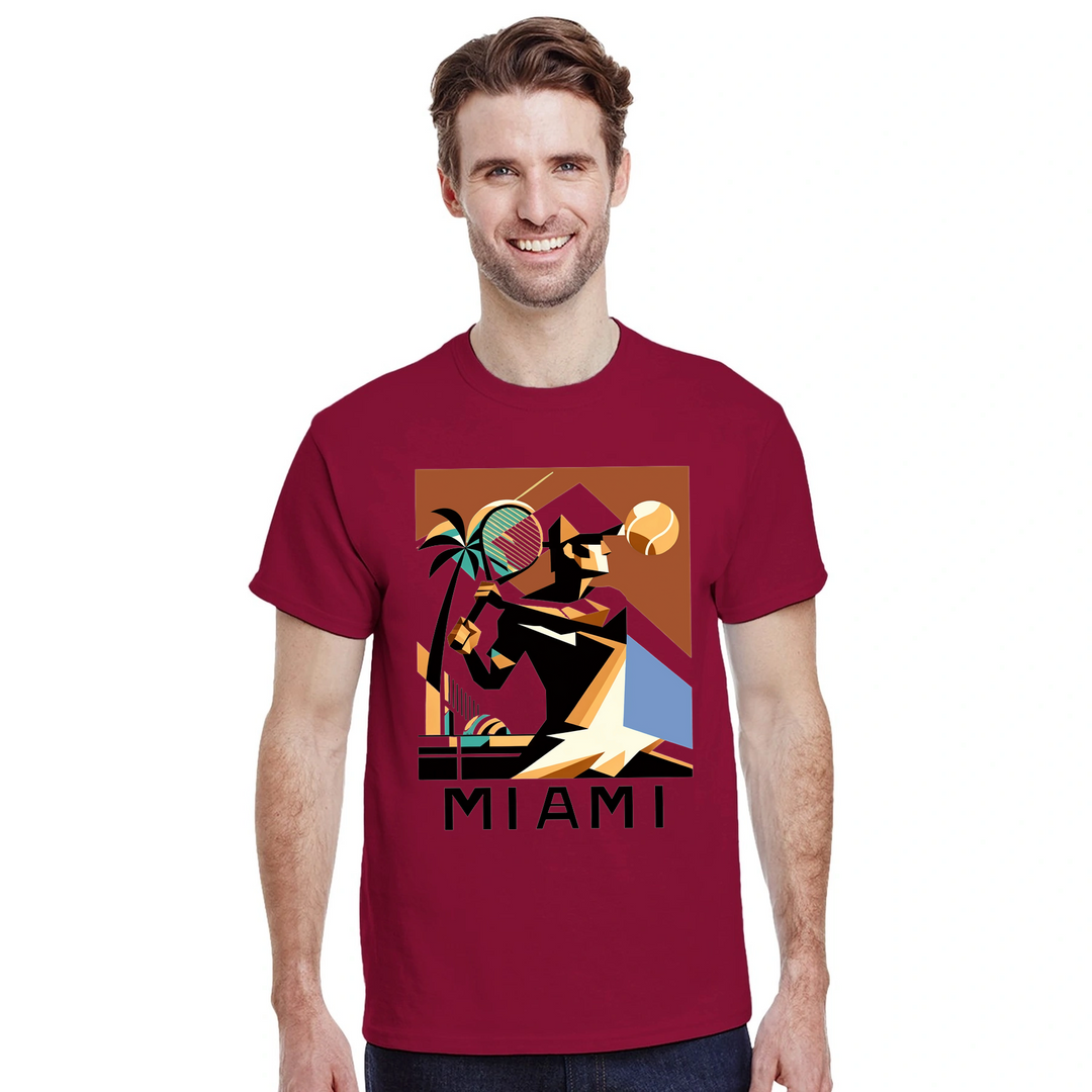 T-shirt featuring a tennis player in action against a Miami skyline