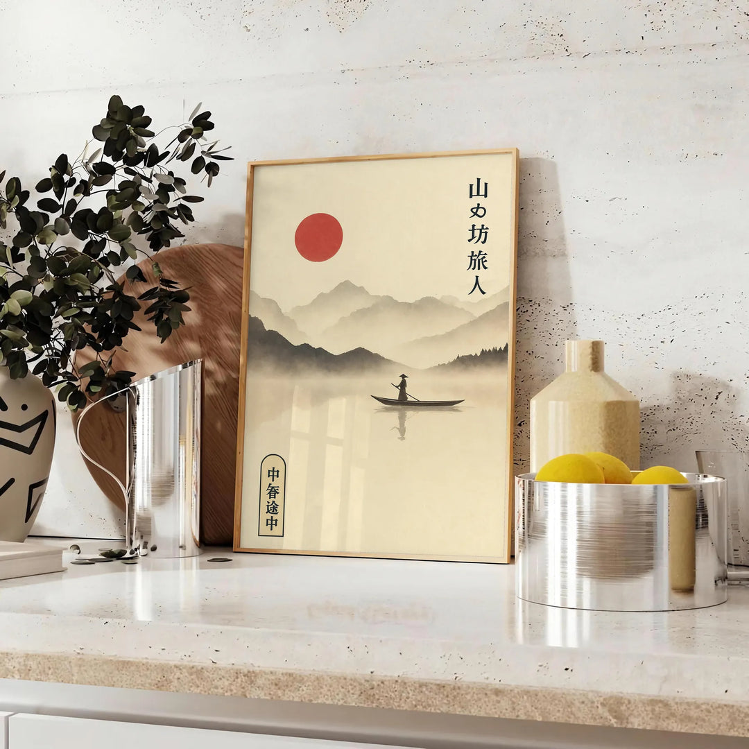 Minimalist artwork featuring a Japanese sun above a mountain and a boat in gray and orange