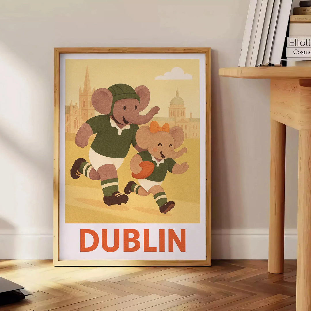 Art Deco illustration of an elephant playing rugby in Dublin