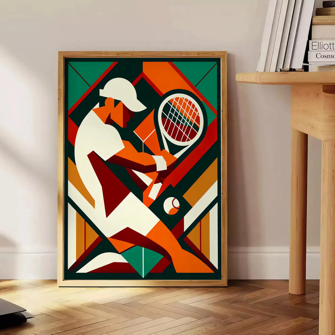 Vintage tennis poster featuring a classic design with muted colors - beside a round wooden side table with books