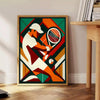 Vintage tennis poster featuring a classic design with muted colors - beside a round wooden side table with books