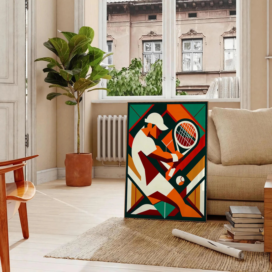 Vintage tennis poster featuring a classic design with muted colors - in a Parisian living room with a sofa and a fig plant