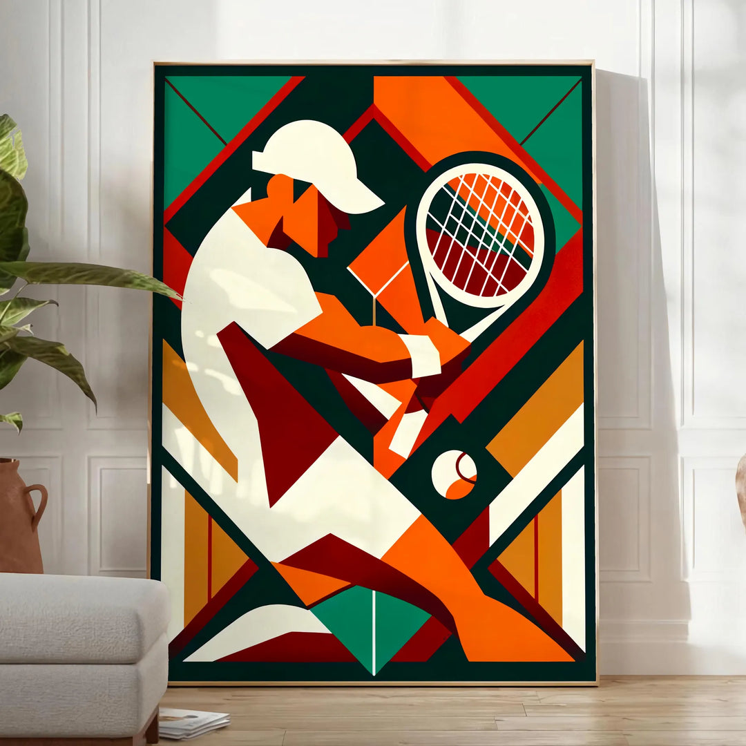 Vintage tennis poster featuring a classic design with muted colors - in a bright minimalist room with a plant and an armchair