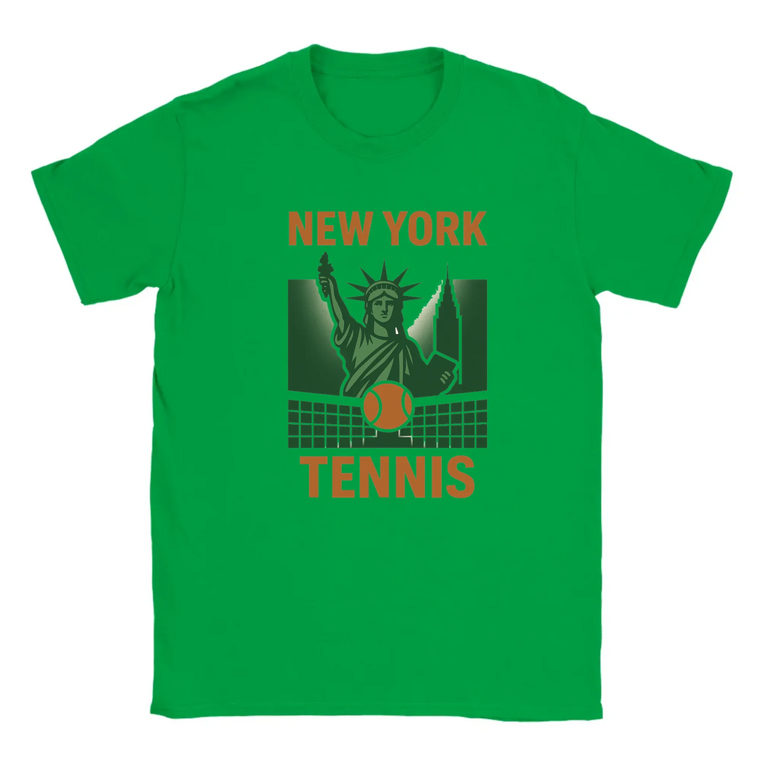 T-shirt featuring a graphic of tennis rackets and balls with New York text
