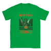 T-shirt featuring a graphic of tennis rackets and balls with New York text