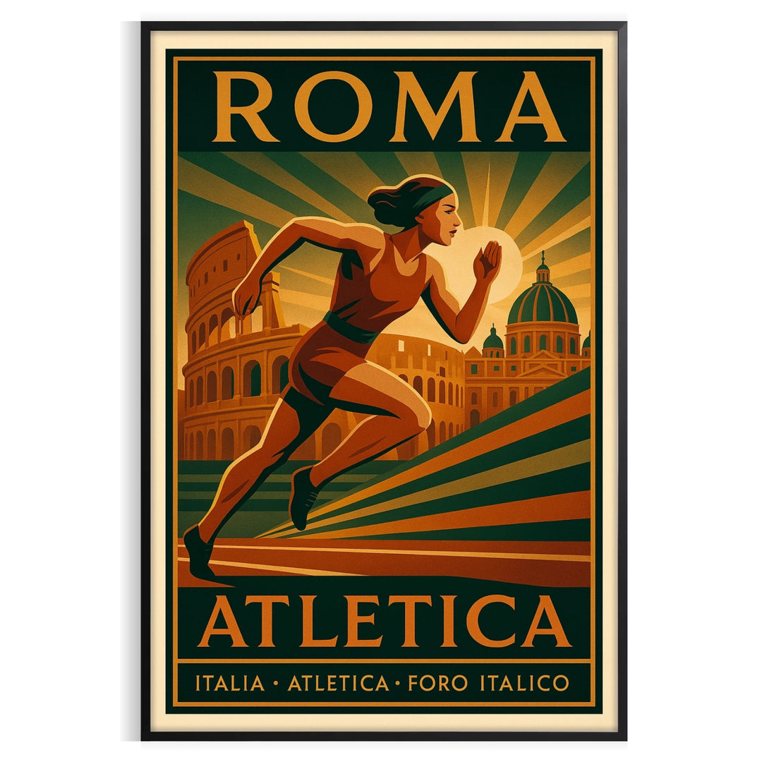 Athletic woman in vintage style with Rome skyline, yellow and brown tones