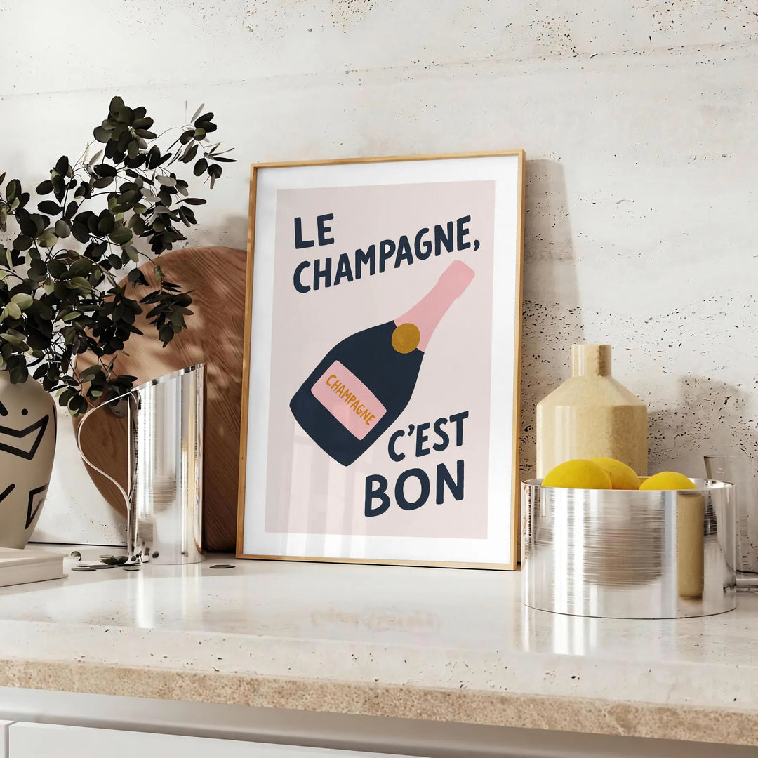 Minimalist black and white poster with 'Le Champagne C'est Bon' text