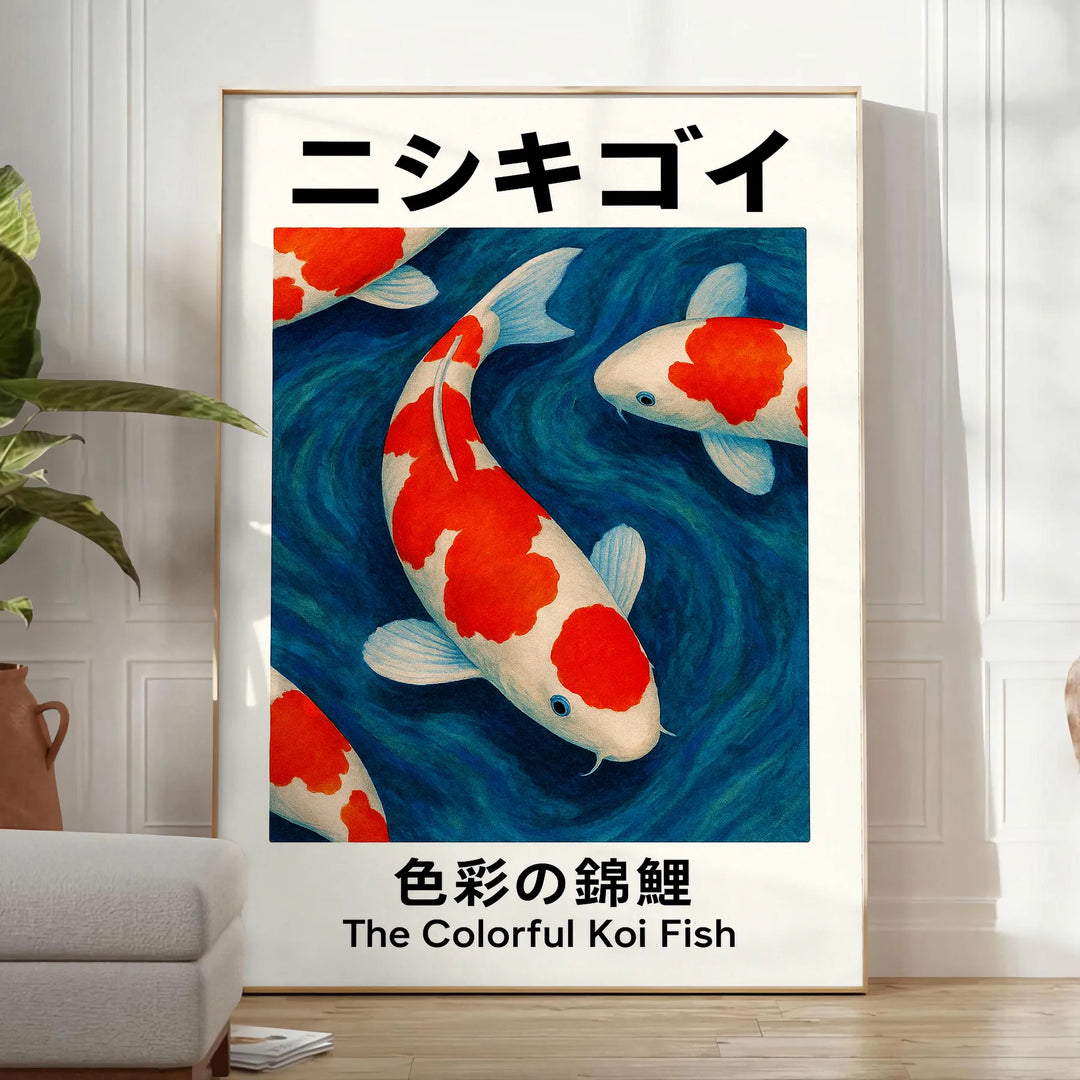 Watercolor illustration of koi fish in green and red hues