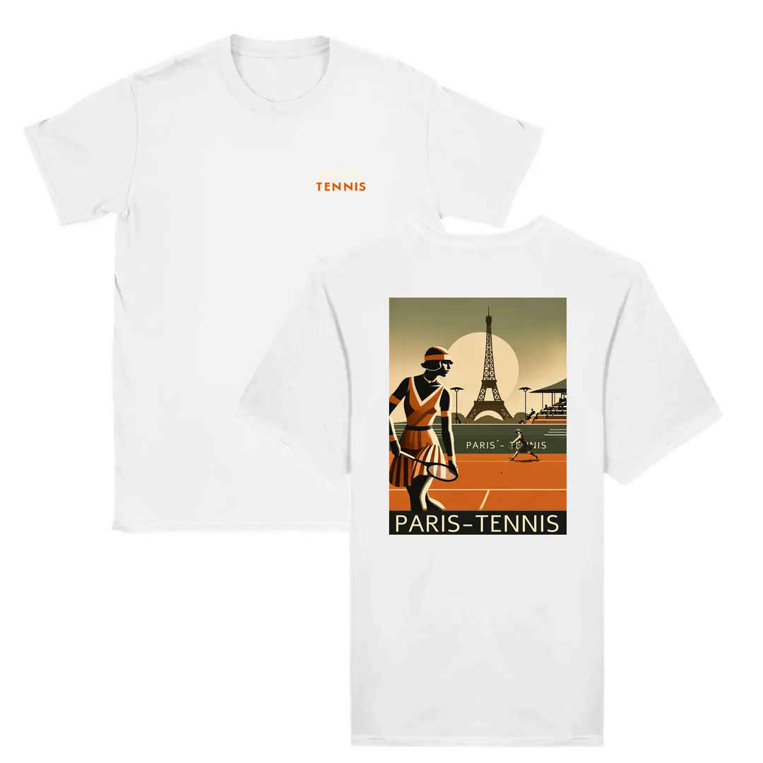 T-shirt featuring a graphic print of tennis elements and the Eiffel Tower