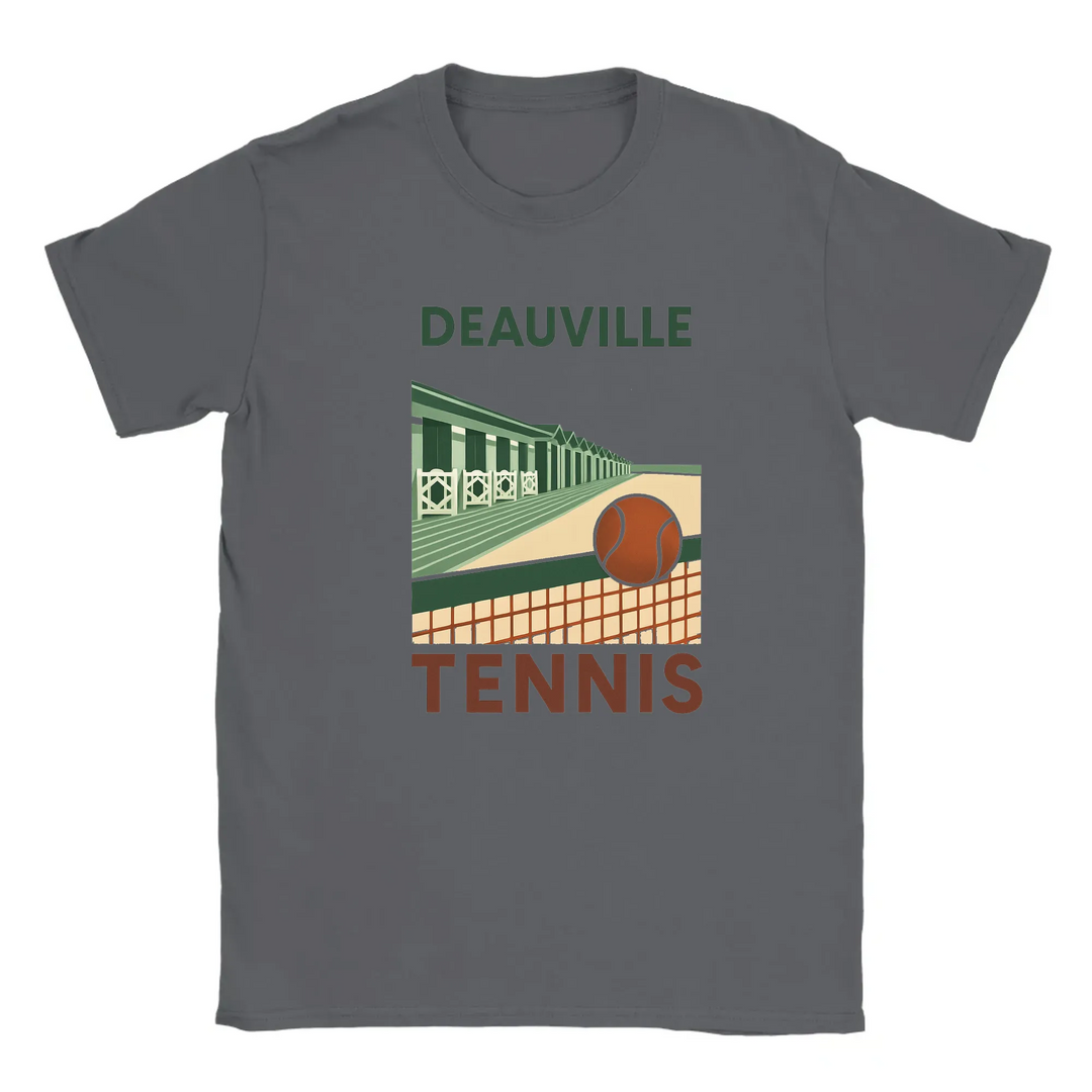 T-shirt featuring a graphic of tennis rackets and balls with Deauville text