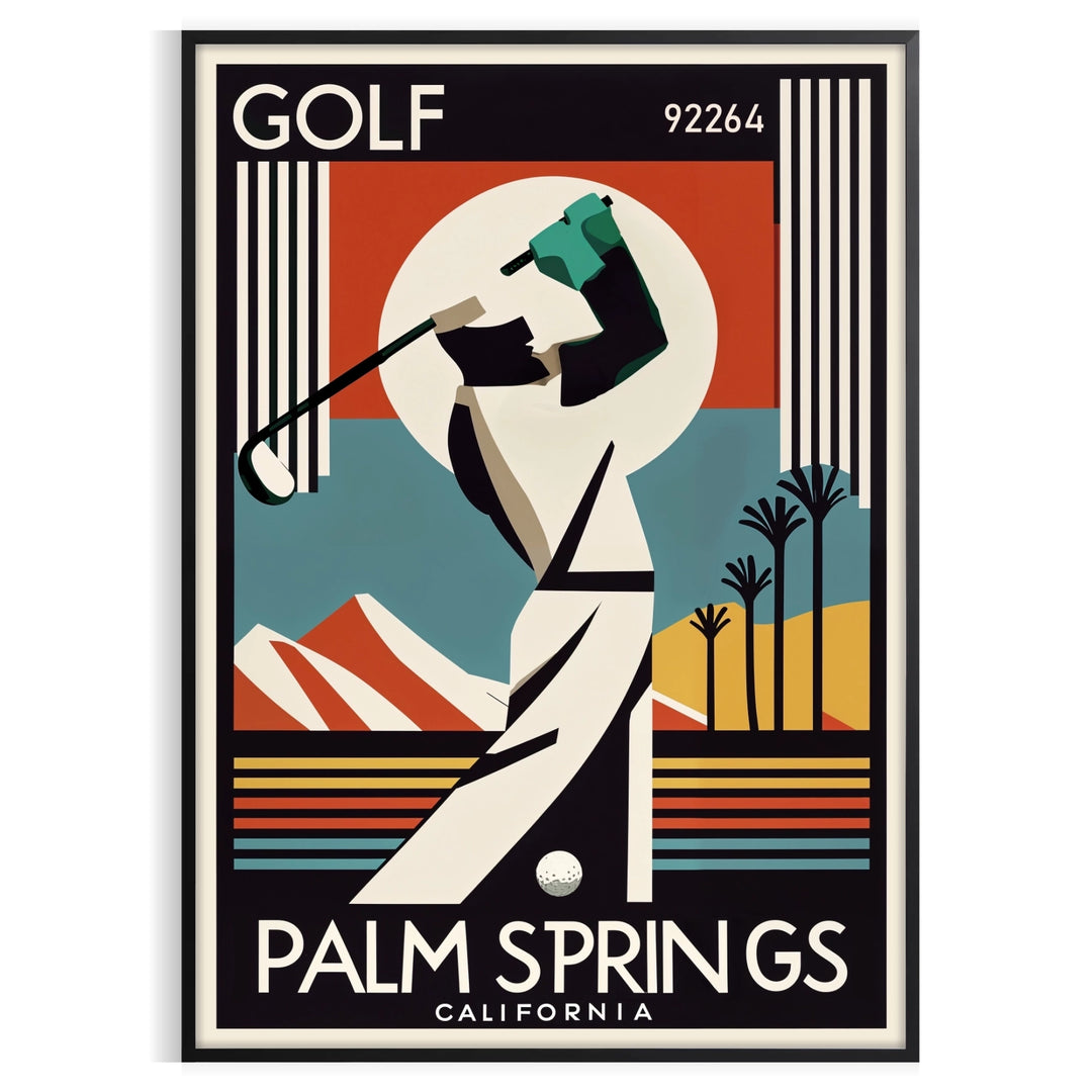 Palm Springs California golf poster featuring vintage brown and black illustration