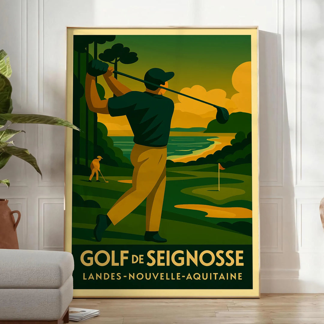 Poster de golf Seignosse estilo vintage art déco amarelo e cinza