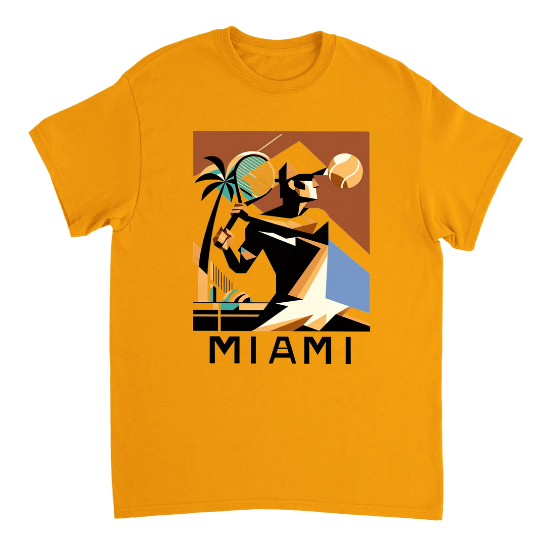 T-shirt featuring a tennis player in action against a Miami skyline
