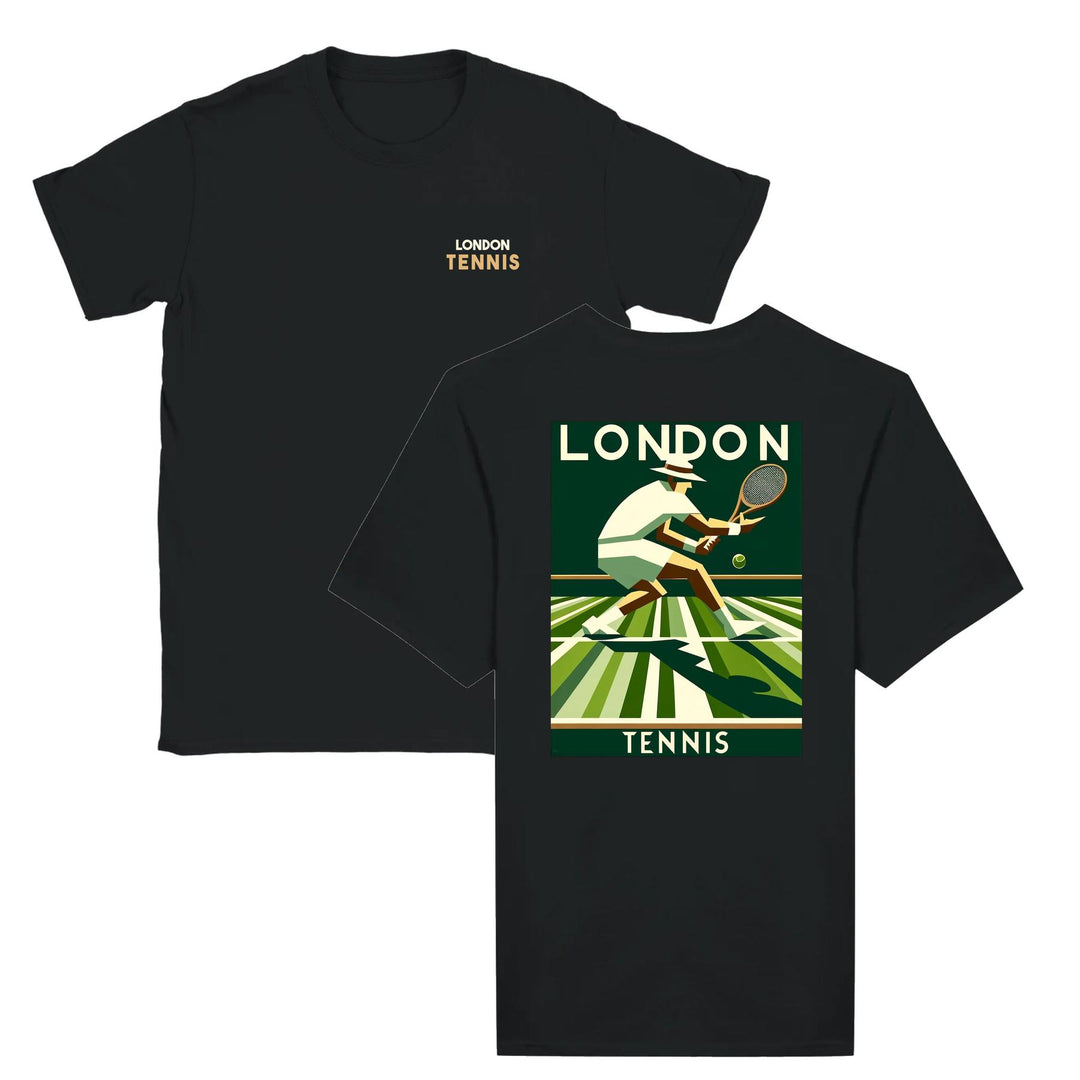 T-shirt featuring a graphic of a tennis player in action, with London landmarks in the background