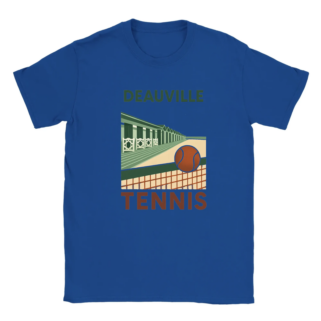 T-shirt featuring a graphic of tennis rackets and balls with Deauville text