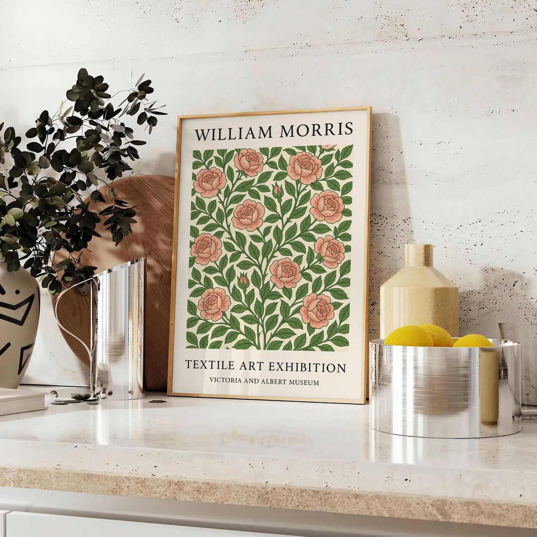Poster showing William Morris botanical pattern in gray and orange