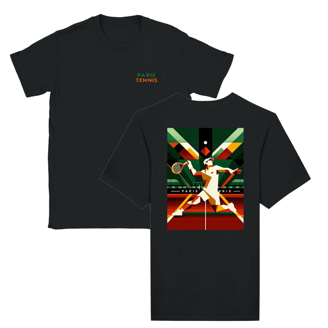 T-shirt featuring a graphic of tennis rackets and a ball with Paris skyline