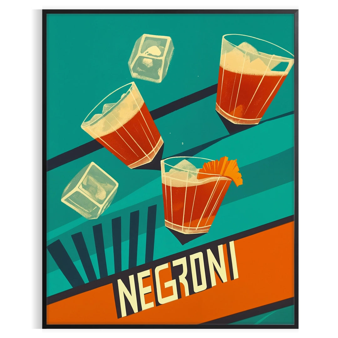 Minimalist Negroni cocktail poster with abstract orange and green geometric shapes