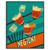 Minimalist Negroni cocktail poster with abstract orange and green geometric shapes